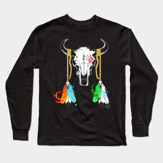 Bison Skull n' Elemental Feathers Long Sleeve T-Shirt by Sean Damien